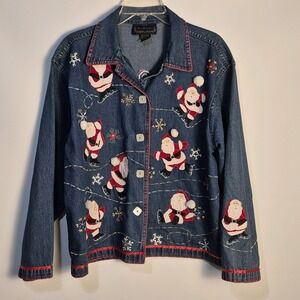 New Directions L Santa Embroidered Jacket Ugly Novelty Holiday Festive  Winter